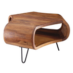 Solid wood quirky coffee table with sculpted shape, white background.
