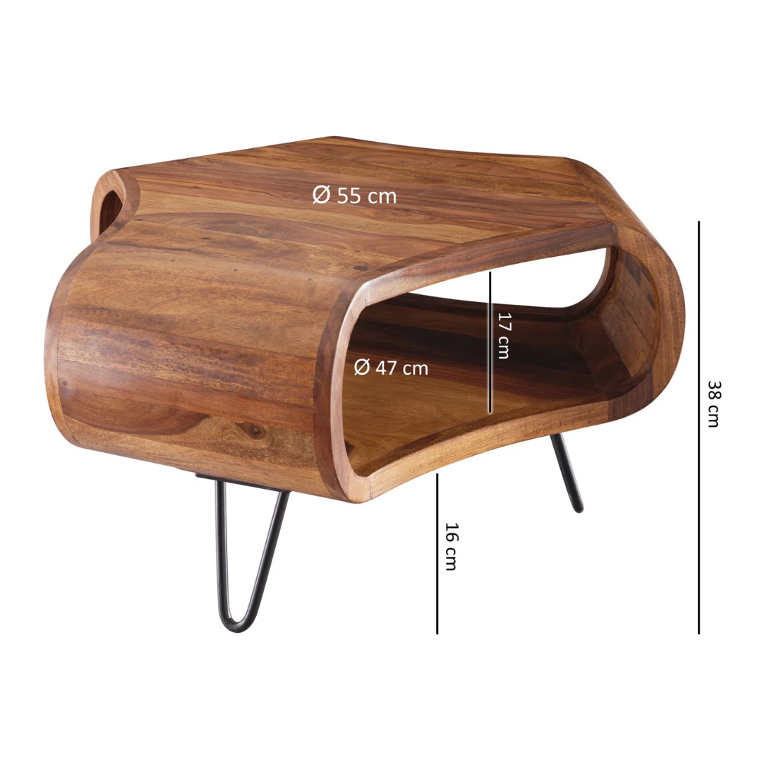 Solid wood quirky coffee table with sculpted shape, dimensions.