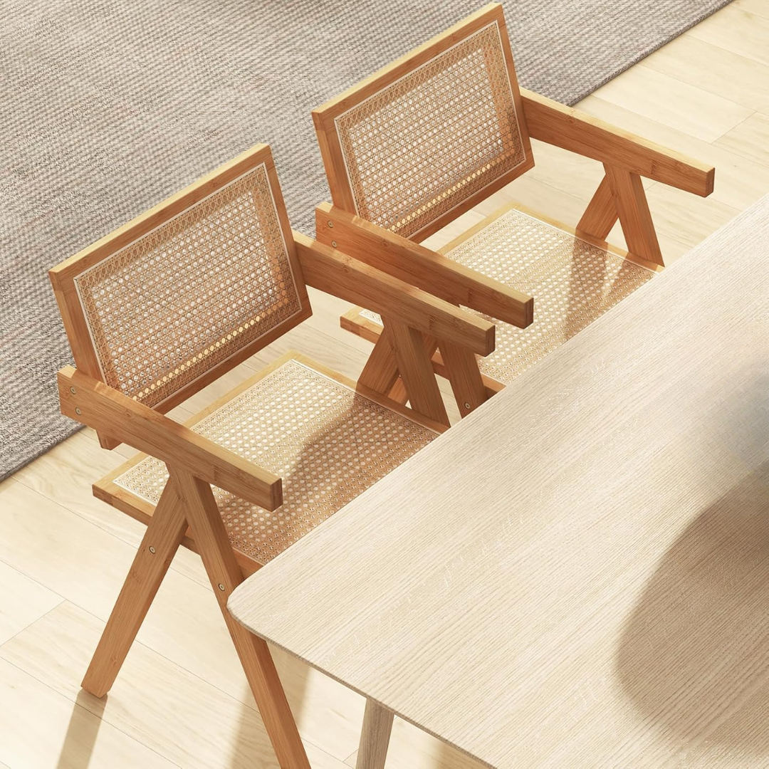 Solid Wood Rattan Dining Table Chairs - Set Of Two