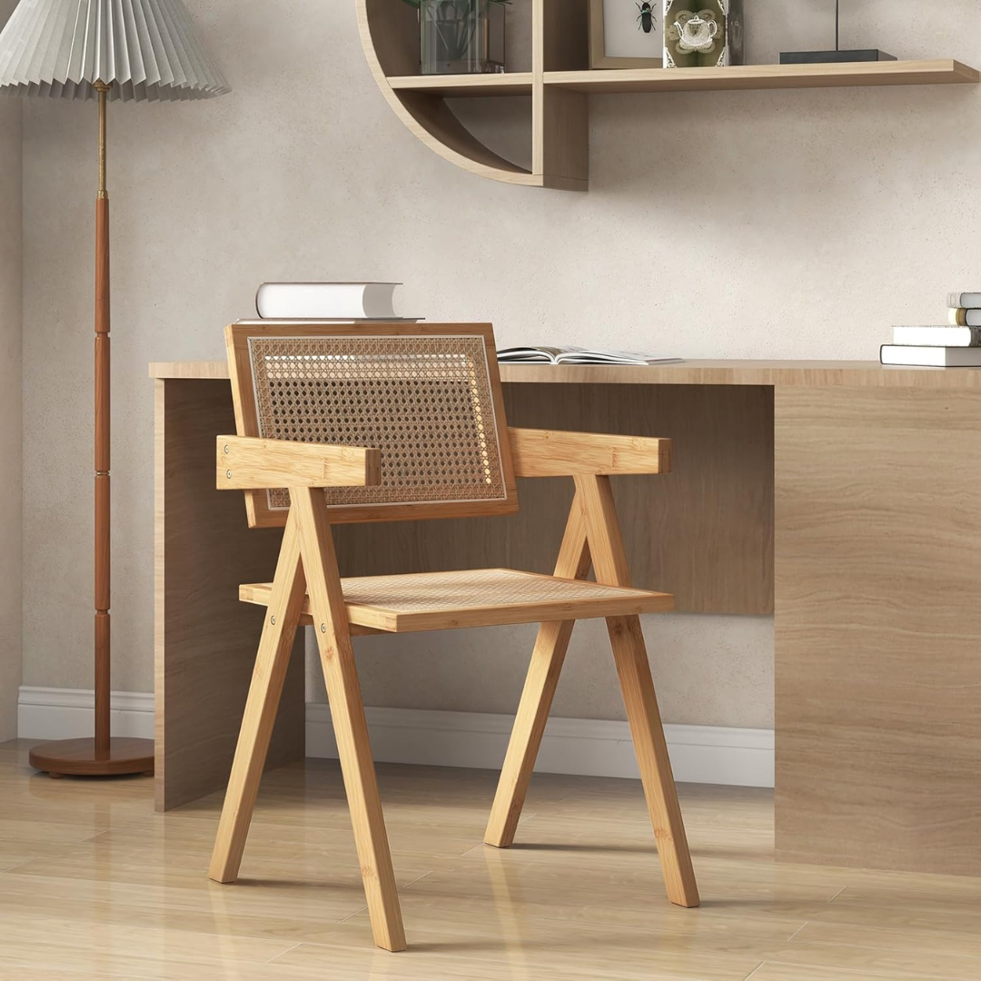 Solid Wood Rattan Dining Table Chairs - Set Of Two