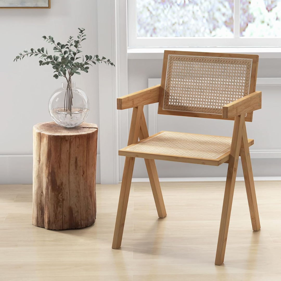 Solid Wood Rattan Dining Table Chairs - Set Of Two
