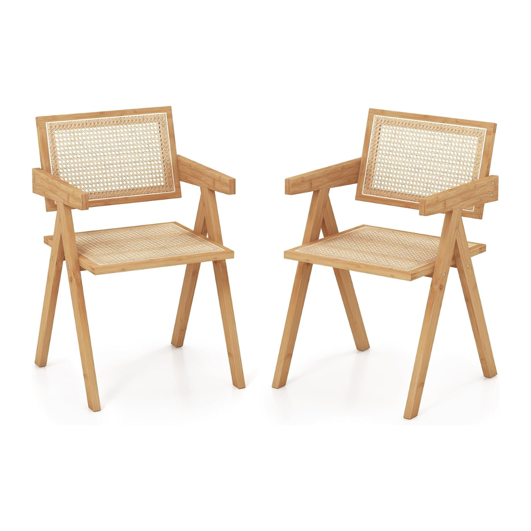 Solid Wood Rattan Dining Table Chairs - Set Of Two