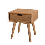 Solid Wooden Bedside Table, white background, angled view.