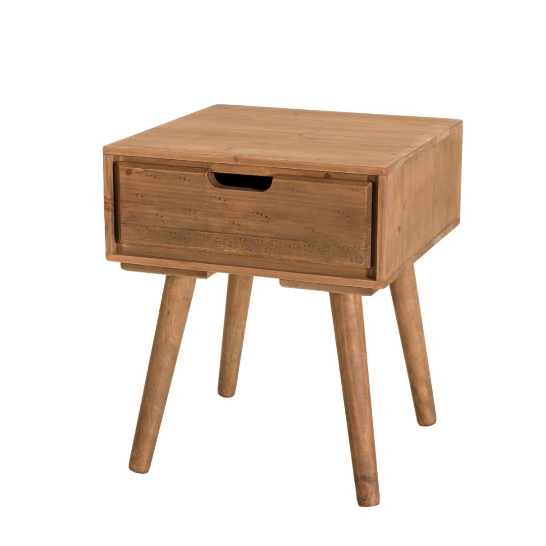 Solid Wooden Bedside Table, white background, angled view.