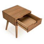 Solid Wooden Bedside Table, white background, top view with drawer open.