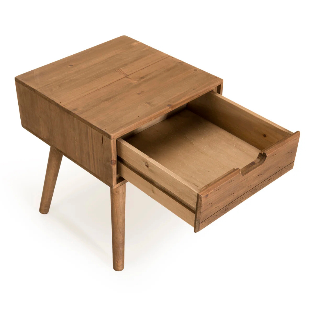 Solid Wooden Bedside Table, white background, top view with drawer open.