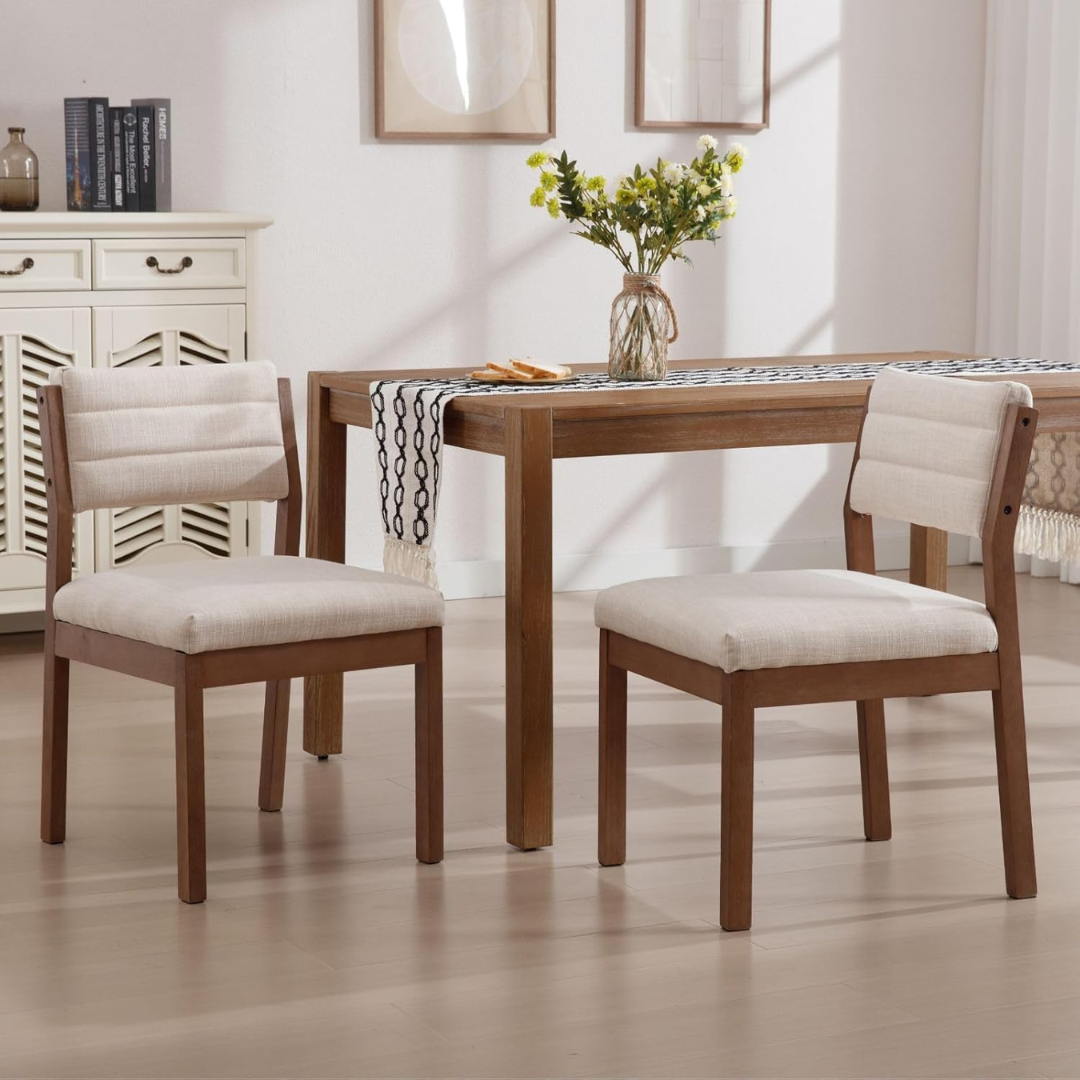 Solid Wood Linen Dining Room Chairs beige front view