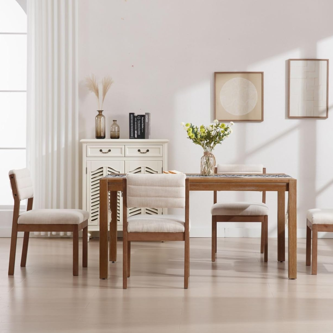 Solid Wood Linen Dining Room Chairs styled in a modern dining room 