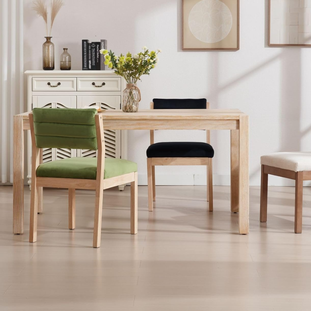 Solid Wood Linen Dining Room Chairs all variants positioned together in a modern dining room