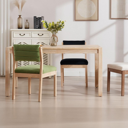 Solid Wood Linen Dining Room Chairs all variants positioned together in a modern dining room
