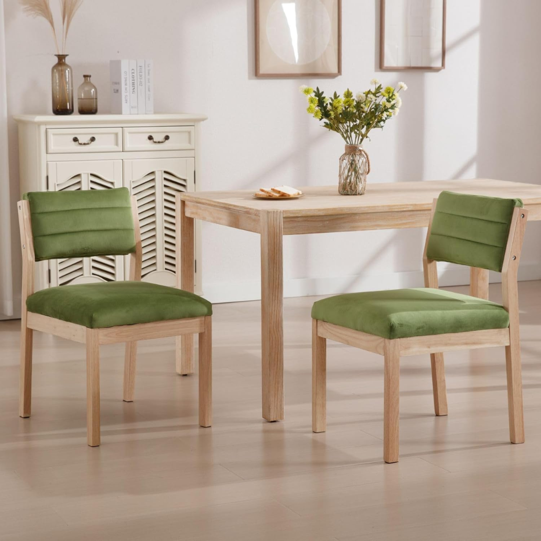 Solid Wood Linen Dining Room Chairs green variant front view