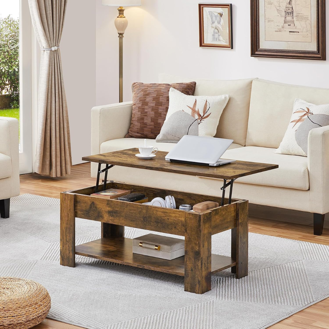 Wooden lift-top coffee table in a living room with a beige sofa and decorative pillows.