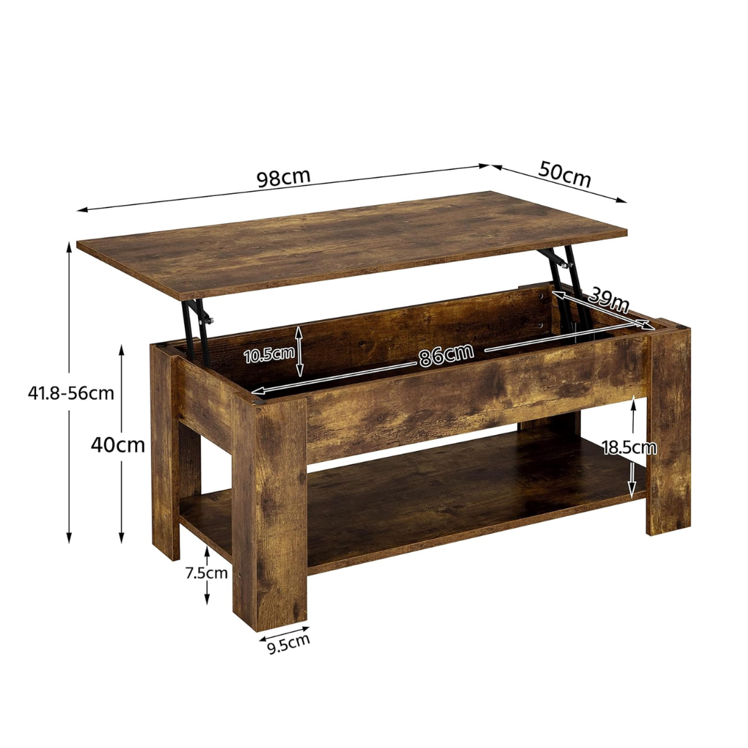 Wooden coffee table with lift-top feature and dimensions displayed