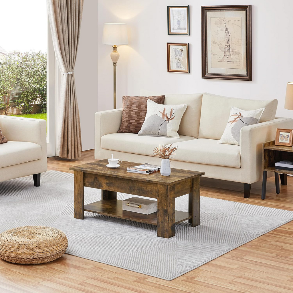 Living room with beige sofa, wooden coffee table, and decorative pillows.