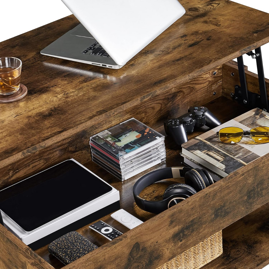 Wooden desk with electronic devices and items on a white background