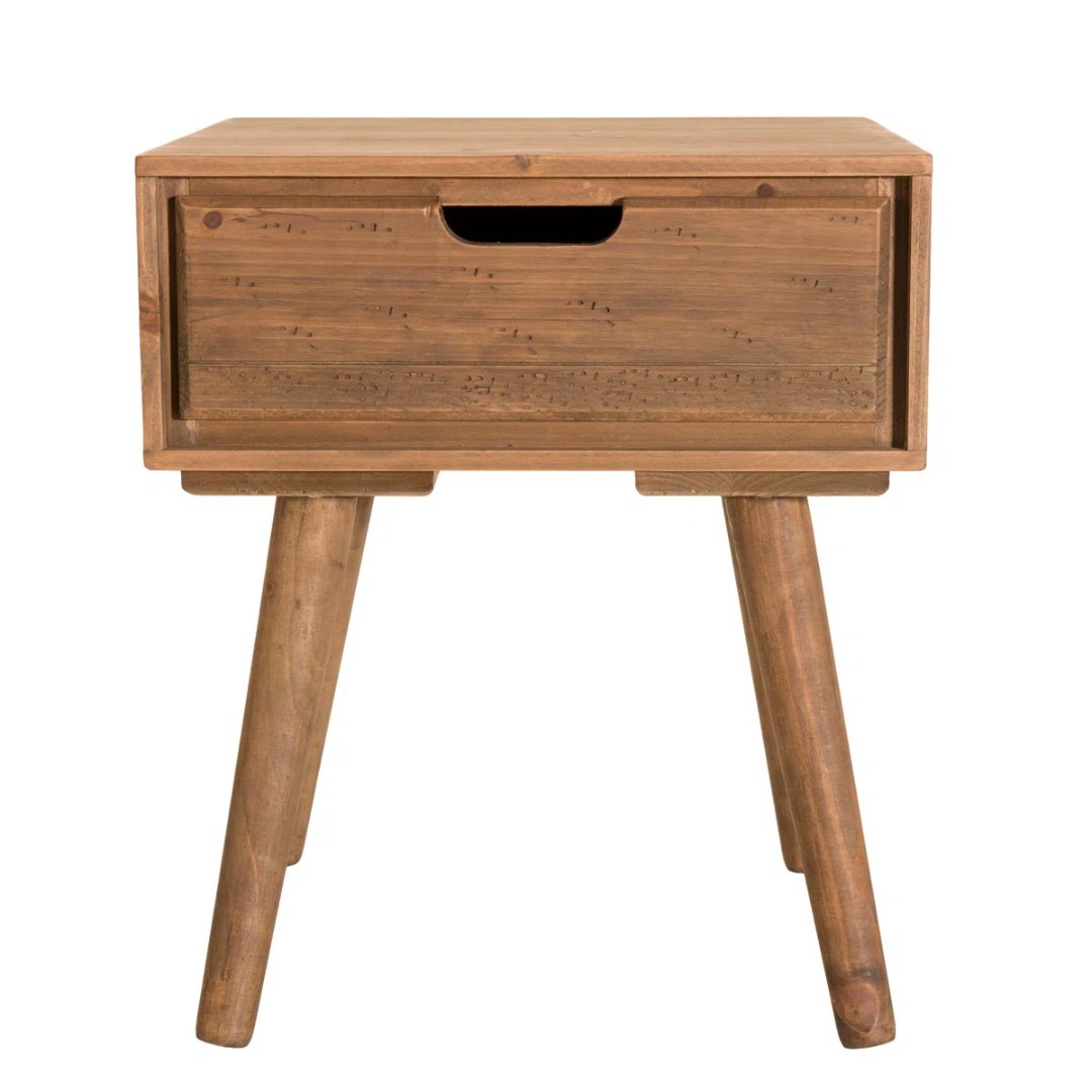 Solid Wooden Bedside Table, white background, front view.