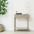 Taupe Traditional Hallway Table With Storage, set in a model home, front view.