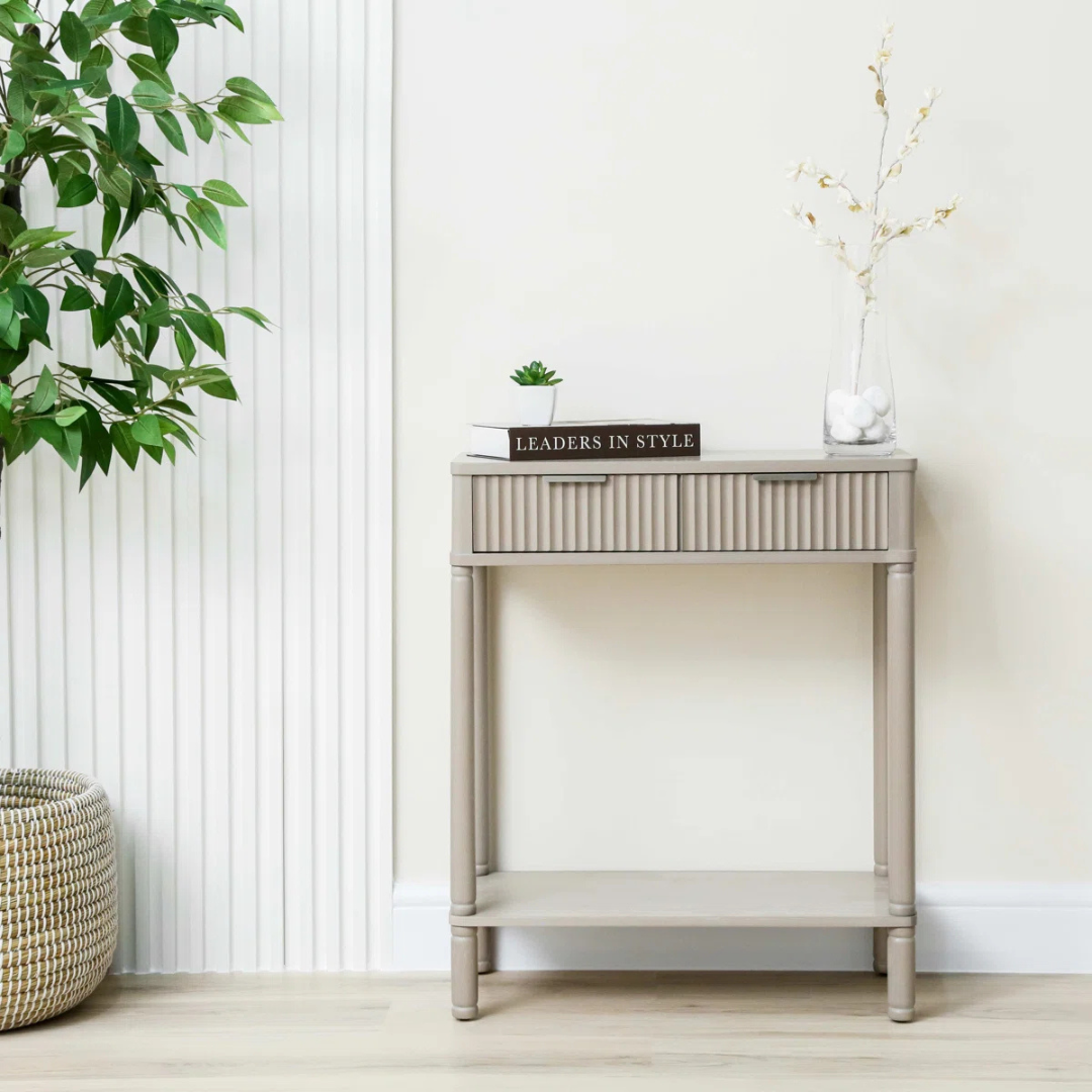 Taupe Traditional Hallway Table With Storage, set in a model home, front view.