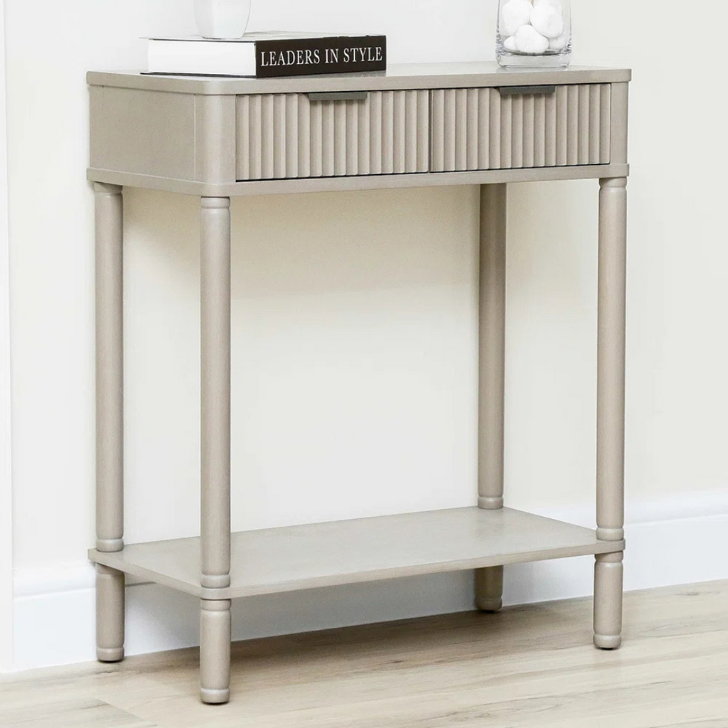 Taupe Traditional Hallway Table With Storage, set in a model home, angled view.