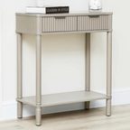 Taupe Traditional Hallway Table With Storage, set in a model home, angled view.