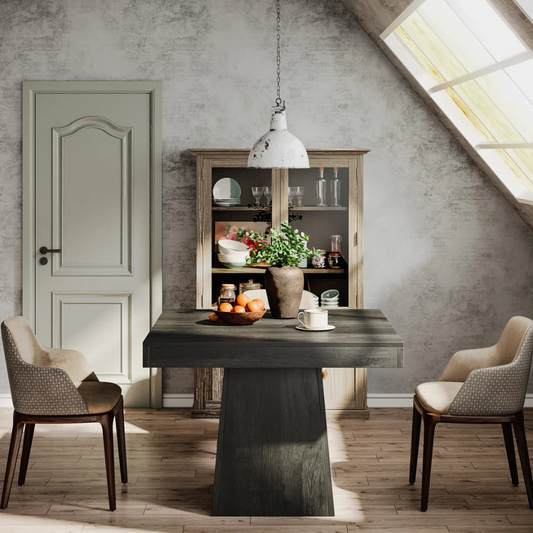 Traditional Small Square Dining Table, set in a vintage model home.