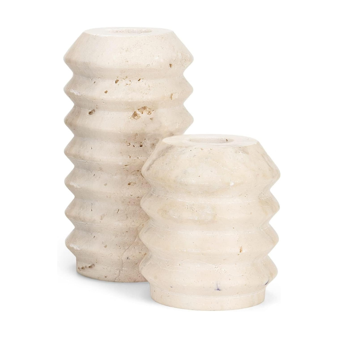 Two beige ceramic vases with textured design on a white background