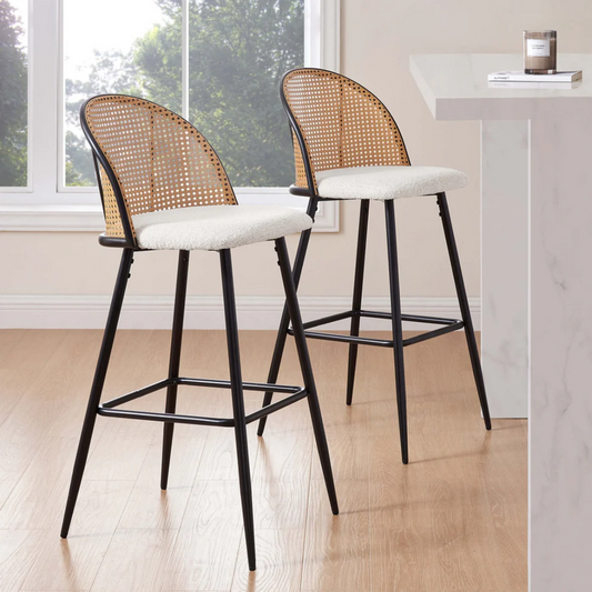 Upholstered Black Rattan Bar Stools With Backs - Set Of Two