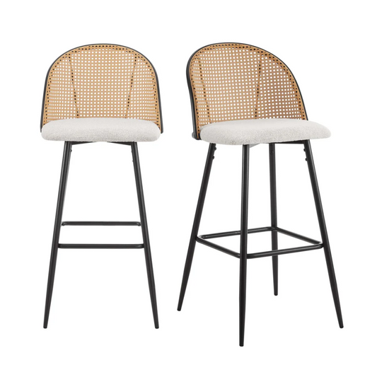 Upholstered Black Rattan Bar Stools With Backs - Set Of Two