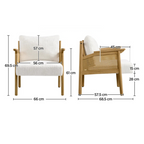 upholstered indoor rattan armchair with wood frame, dimensions.