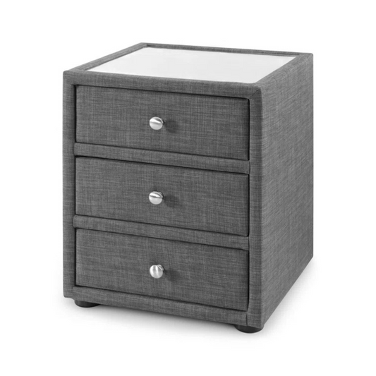 Upholstered Modern Grey Bedside Cabinet, white background.