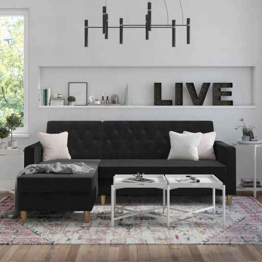 Velvet Black L Shape Sofa Bed With Storage, set in a modern home, front view.