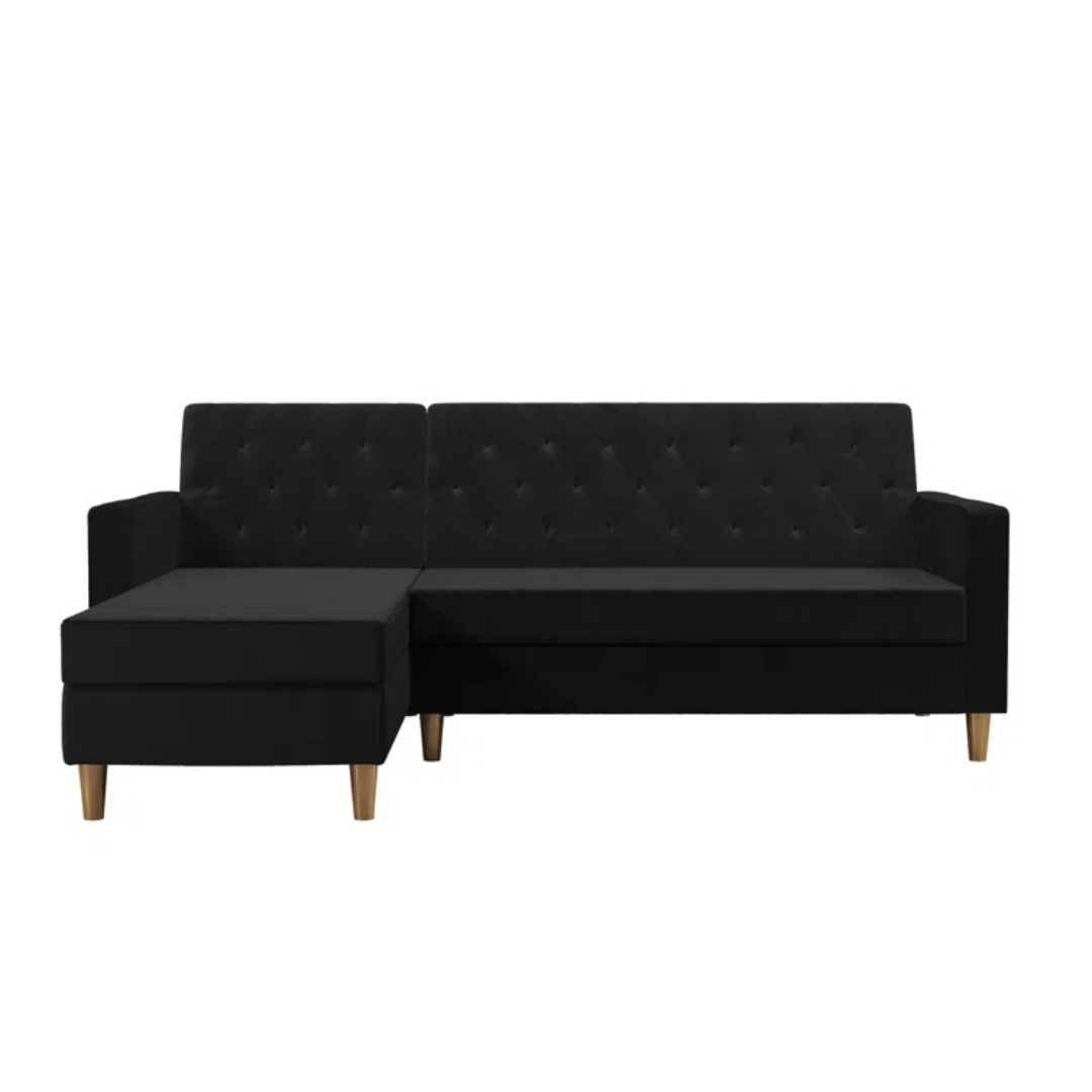Velvet Black L Shape Sofa Bed With Storage, white background, front view.