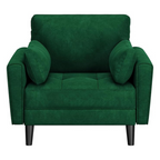 velvet emerald green armchair with matching cushions, white background, front view.