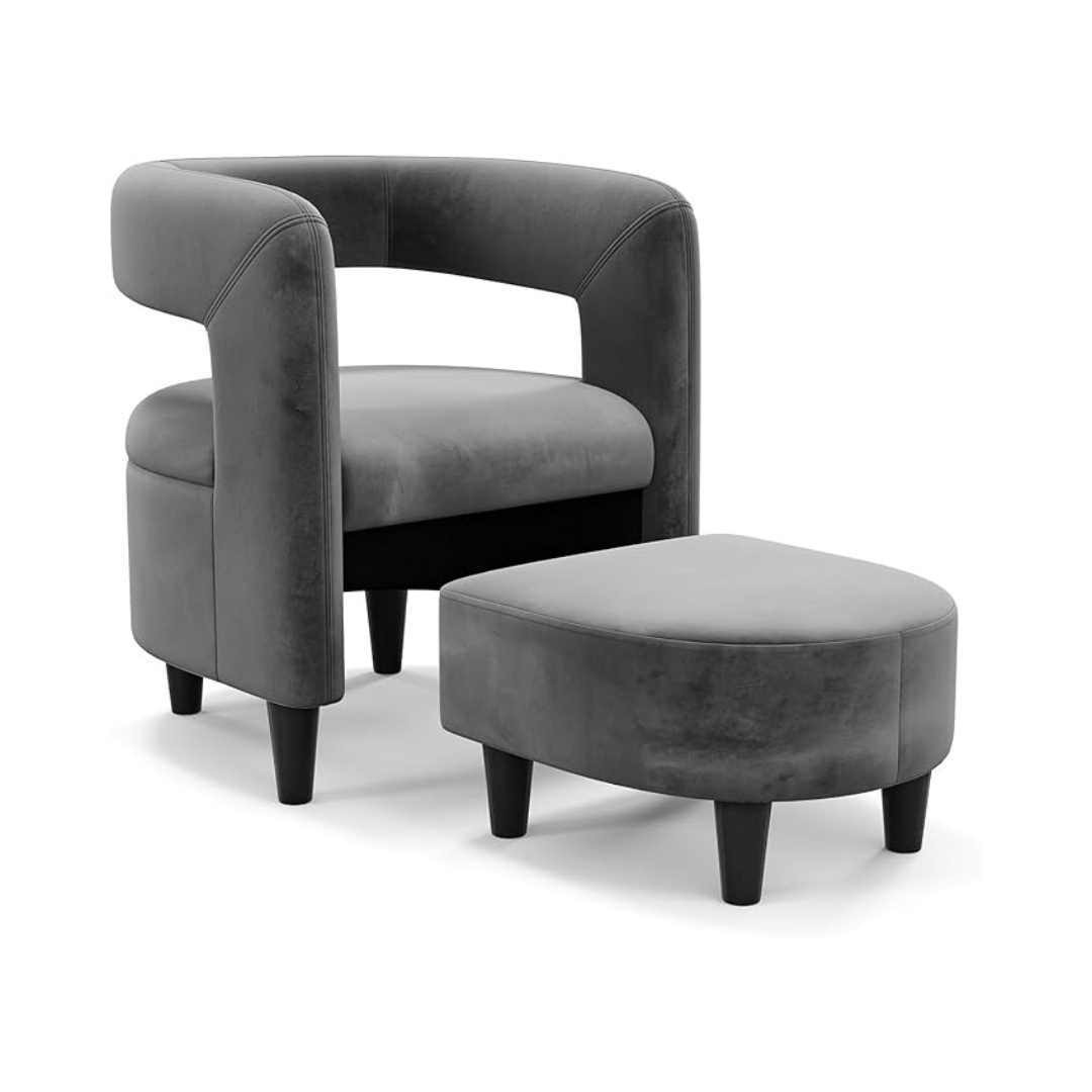 velvet grey accent chair and footstool set with rounded frame, white background, angled view.