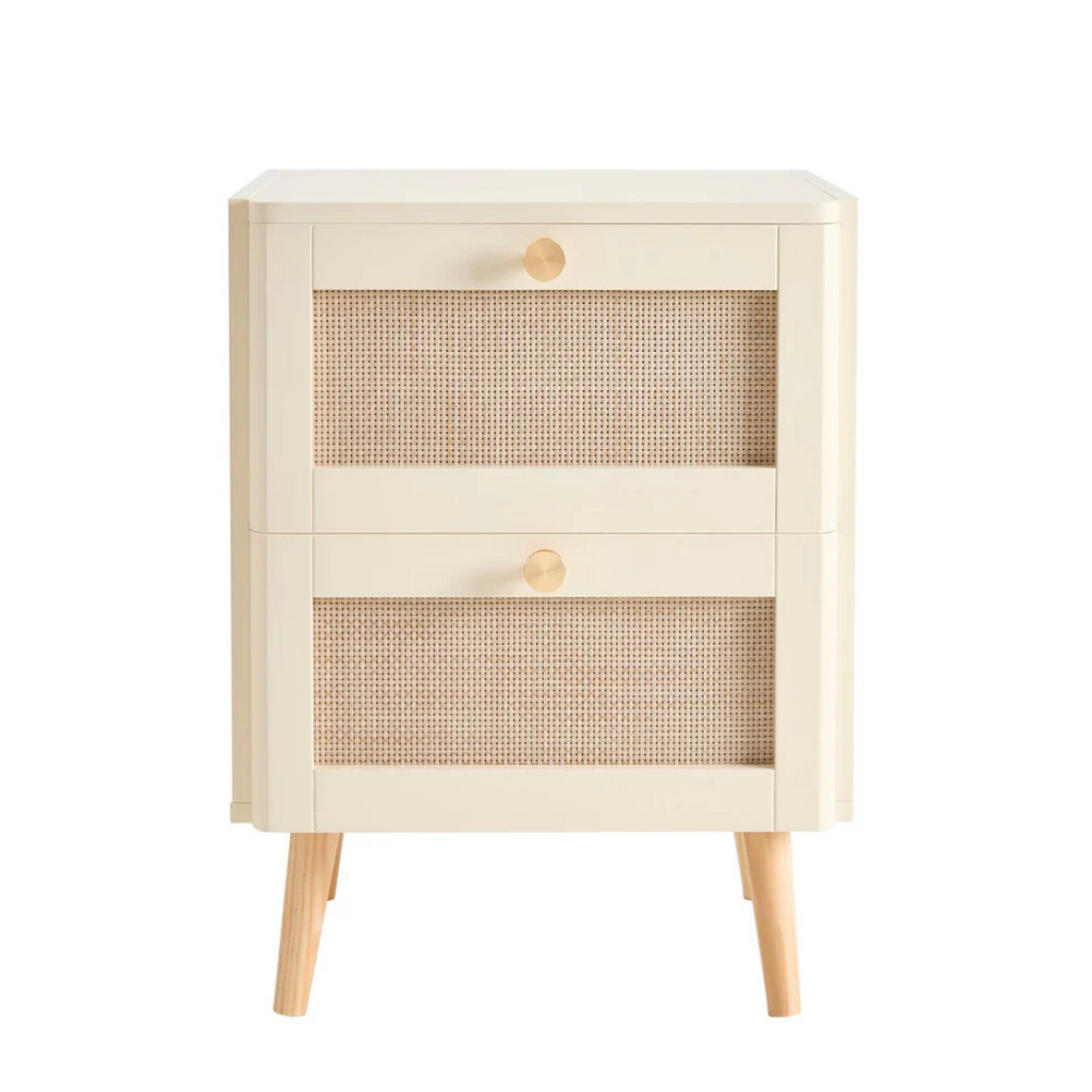 Beige cabinet with wicker front panels on a white background