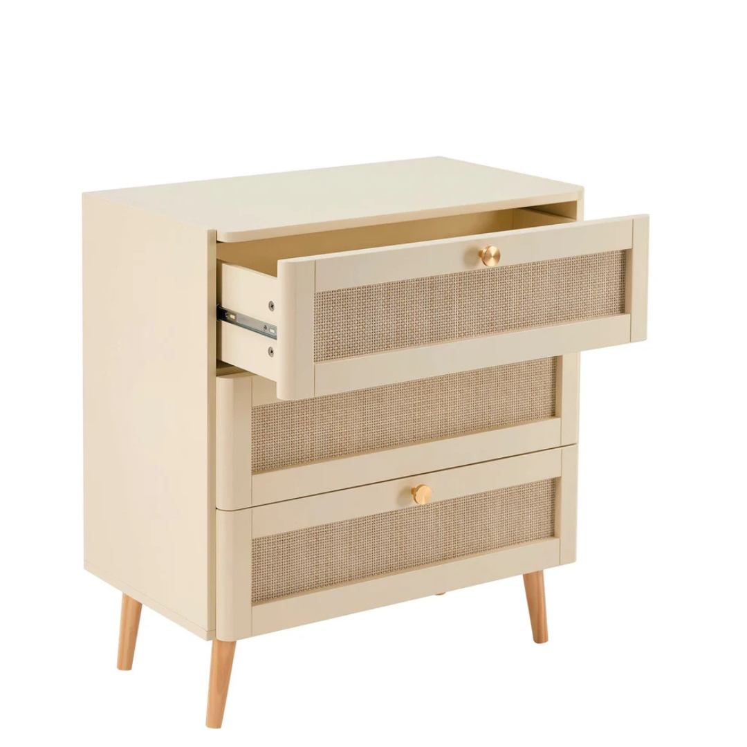 Beige dresser with open drawer featuring woven design on a white background