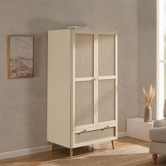 Beige wardrobe with glass panels in a room with a painting and vase on a shelf.
