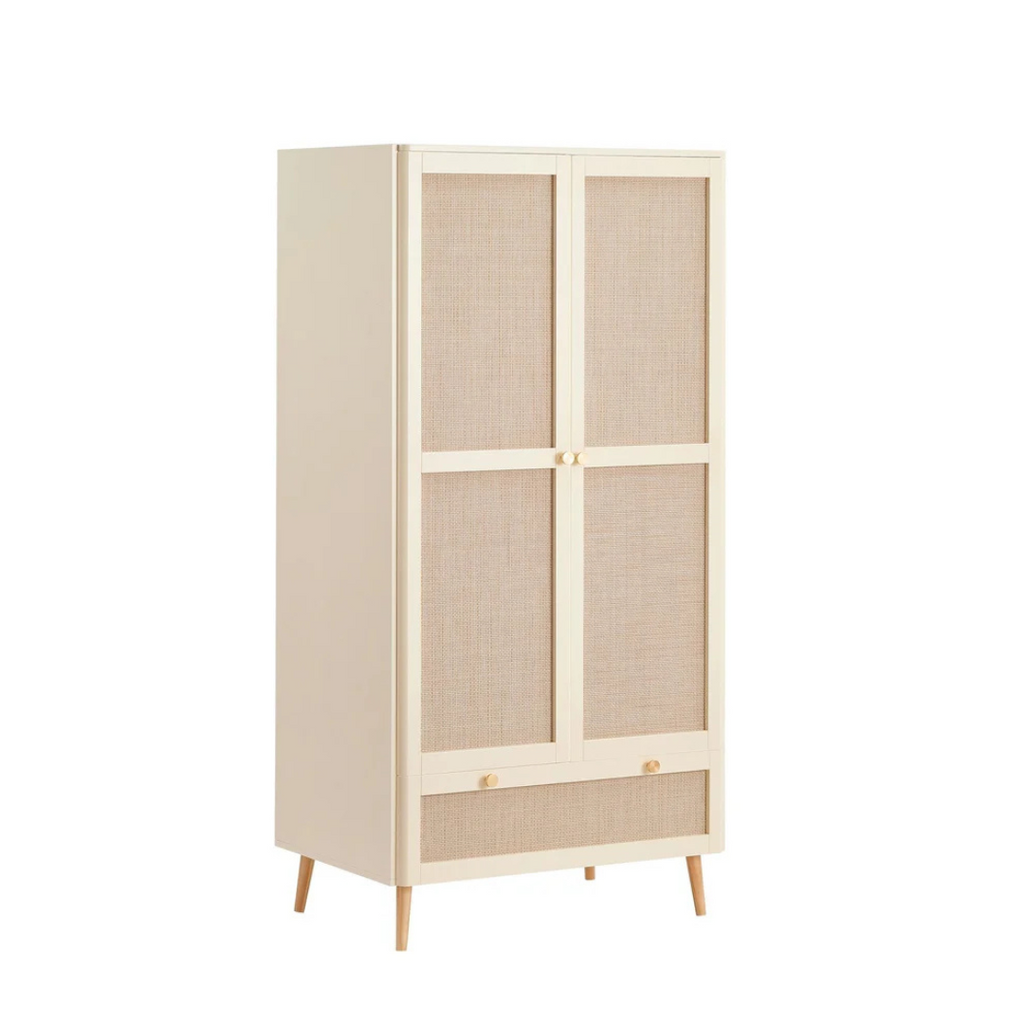 Beige cabinet with glass doors on a white background