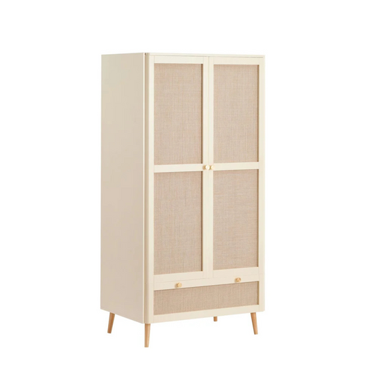 Beige cabinet with glass doors on a white background