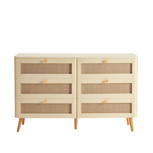Beige sideboard with rattan panels on a white background