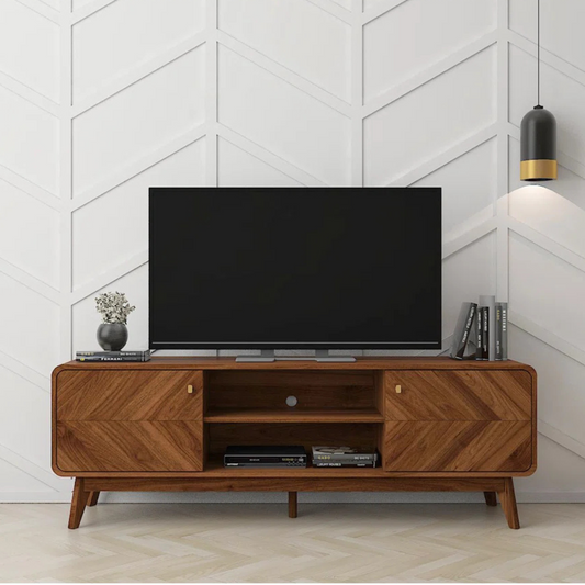 Walnut Mid Century Modern Style TV Stand, in a modern living room.