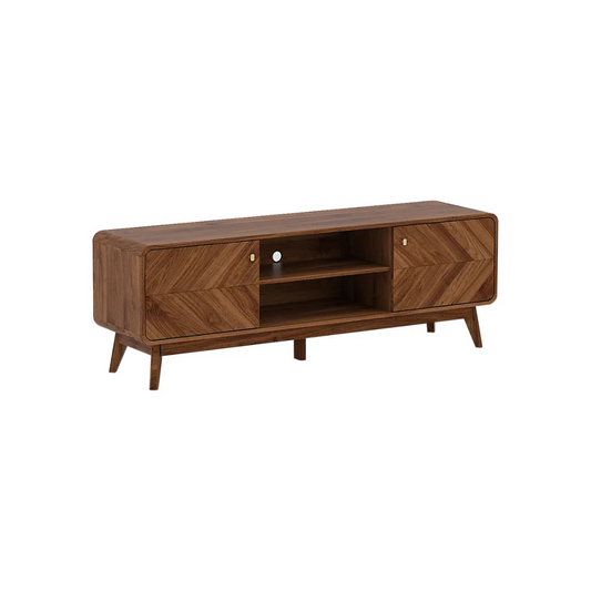 Walnut Mid Century Modern Style TV Stand, white background.