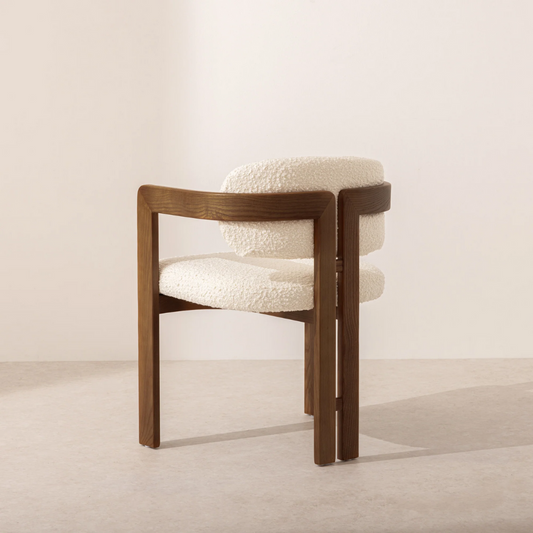 Walnut Boucle Curved Dining Room Chair back view