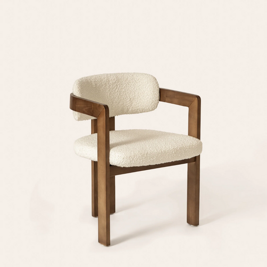 Walnut Boucle Curved Dining Room Chair front side view