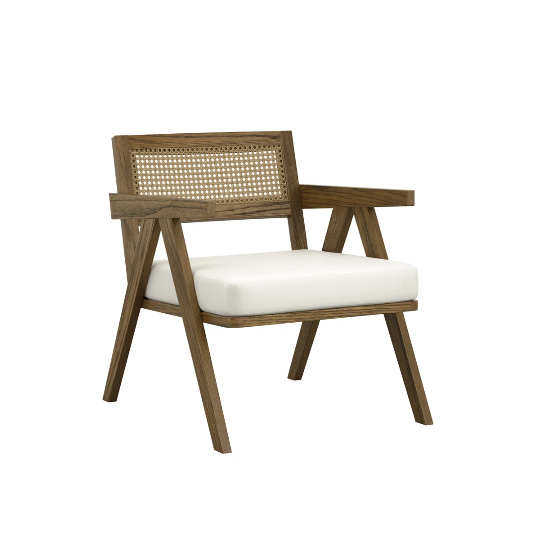 Walnut Upholstered Rattan Back Dining Chair