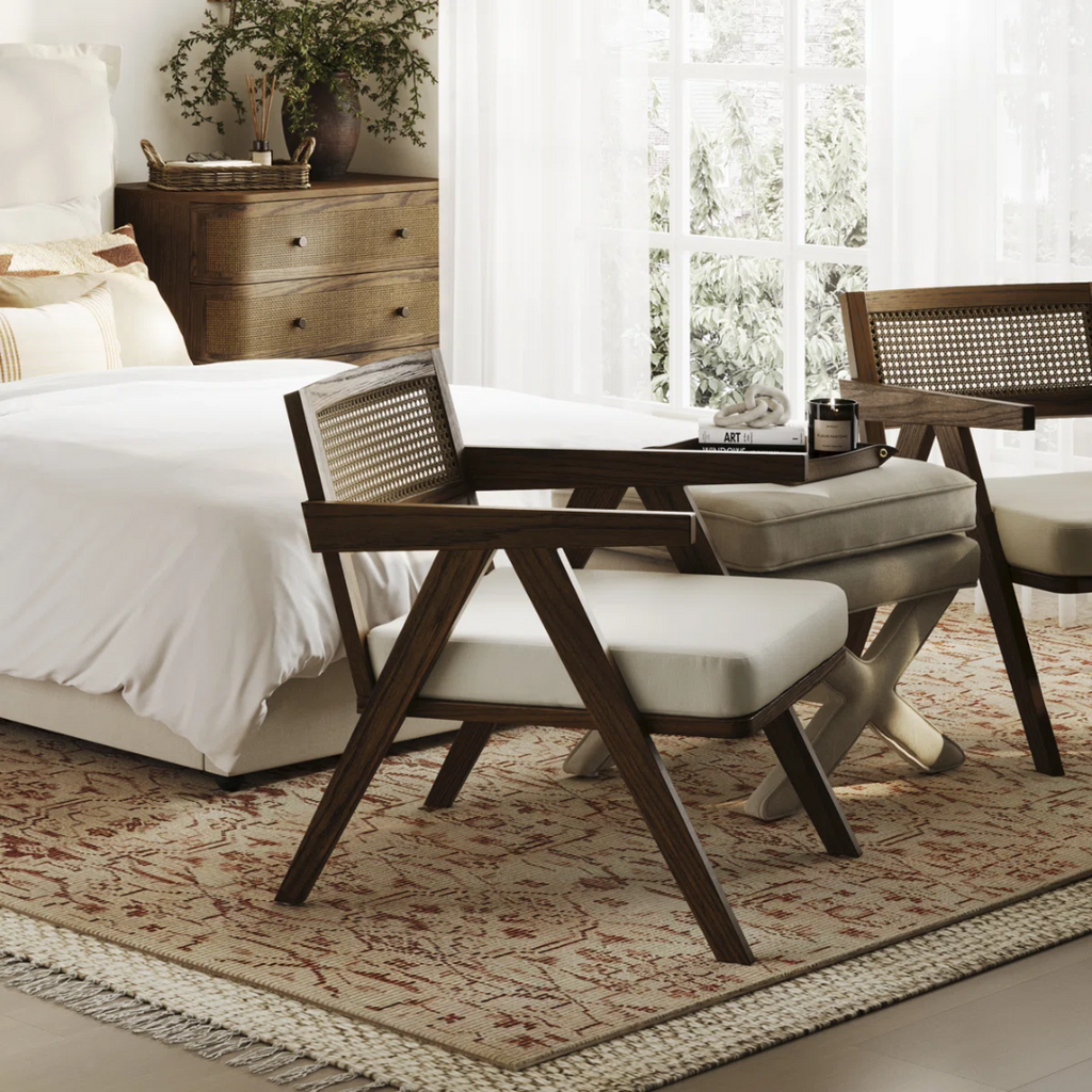 Walnut Upholstered Rattan Back Dining Chair