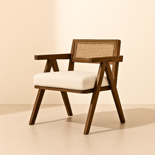 Walnut Upholstered Rattan Back Dining Chair