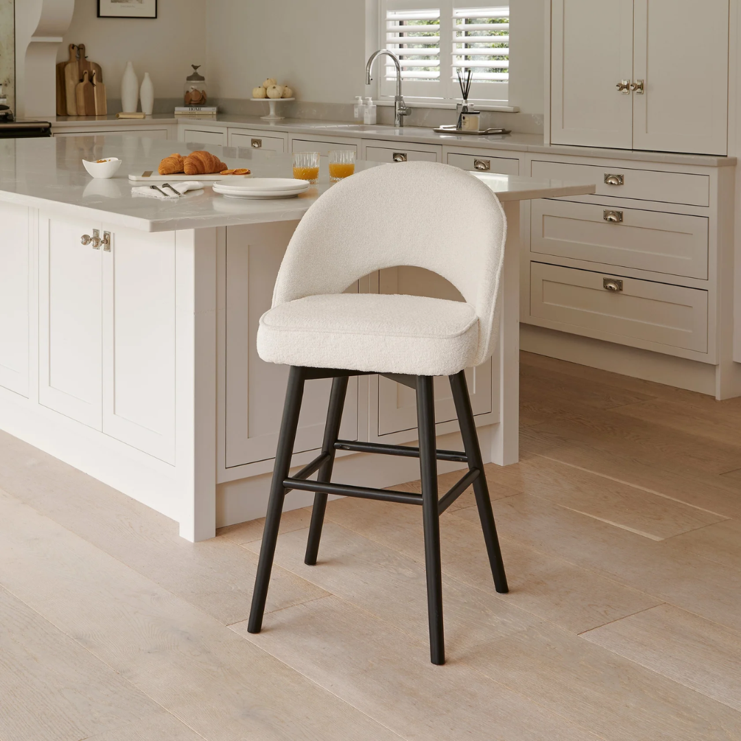 White Boucle Bar Stool Black Legs front view