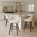 White Boucle Bar Stool Black Legs styled in a modern kitchen around a kitchen island set of 4 