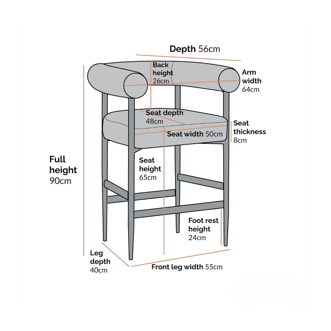 Measurement chart of a chair with various dimensions labeled